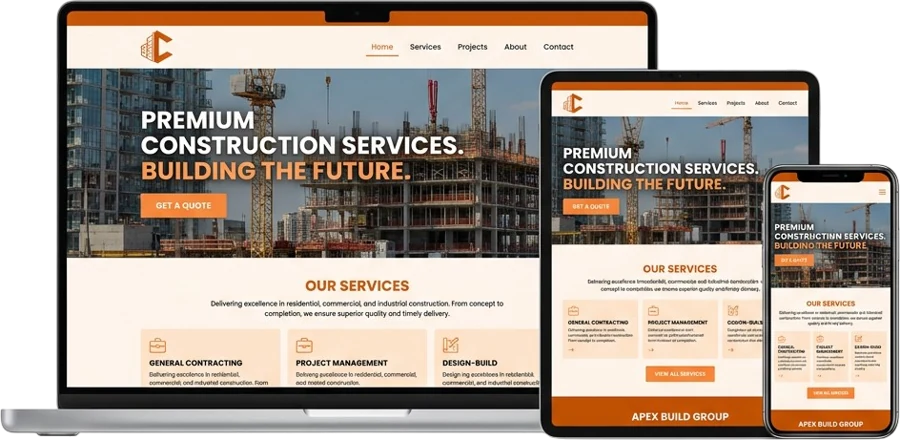 Construction company website on laptop, tablet and phone
