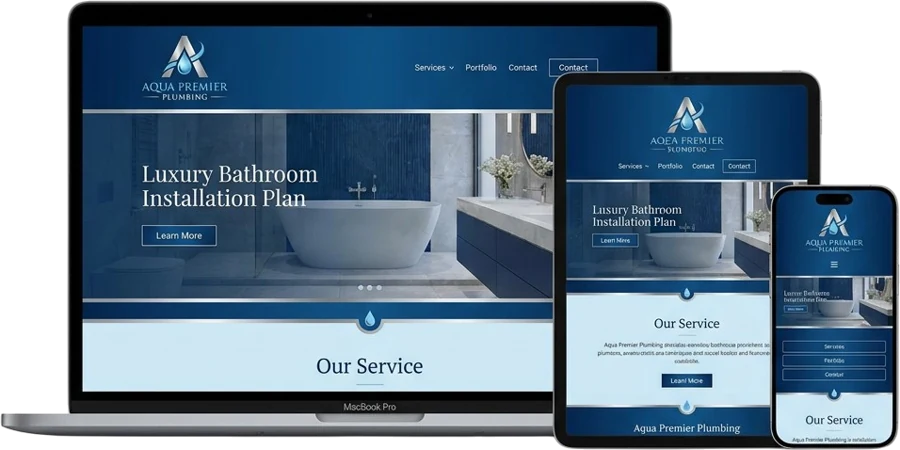 Plumbing company website on laptop, tablet and phone