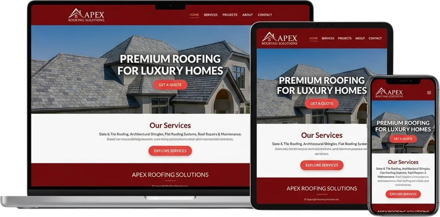 Roofing company website on laptop, tablet and phone